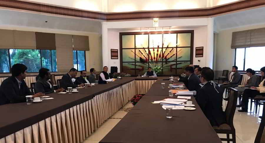 Nagaland Governor, RN Ravi addressing a meeting with Chief Secretary, Temjen Toy; Additional Chief Secretary, Sentiyanger Imchen and other officials in Kohima on May 27.